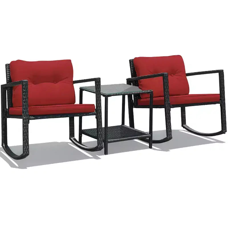 Set di mobili da giardino Costway 3 pezzi in rattan, poltrone a dondolo con cuscini