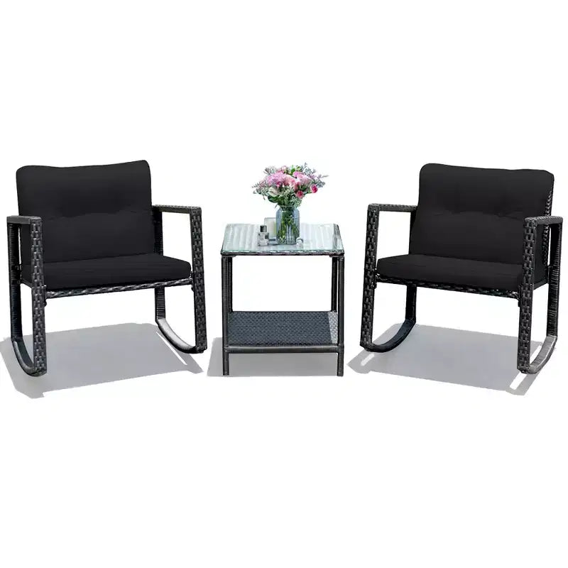 Set di mobili da giardino Costway 3 pezzi in rattan, poltrone a dondolo con cuscini
