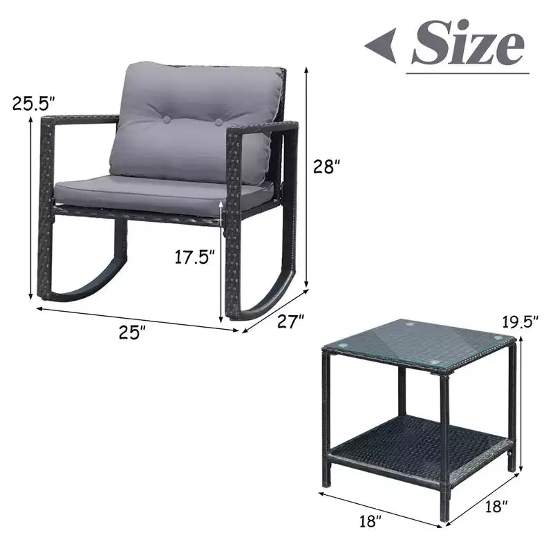Set di mobili da giardino Costway 3 pezzi in rattan, poltrone a dondolo con cuscini