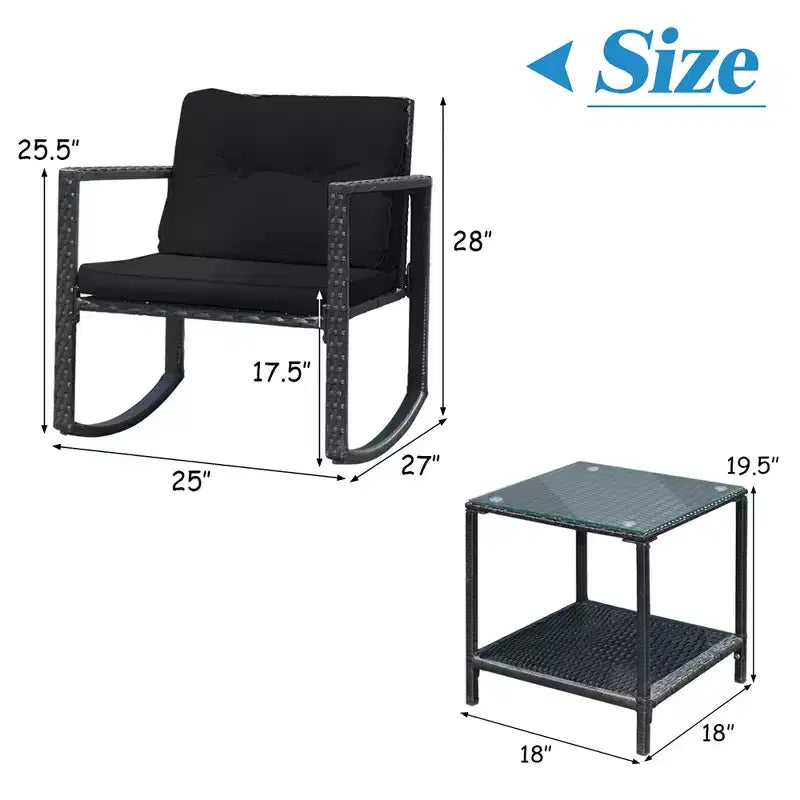 Set di mobili da giardino Costway 3 pezzi in rattan, poltrone a dondolo con cuscini