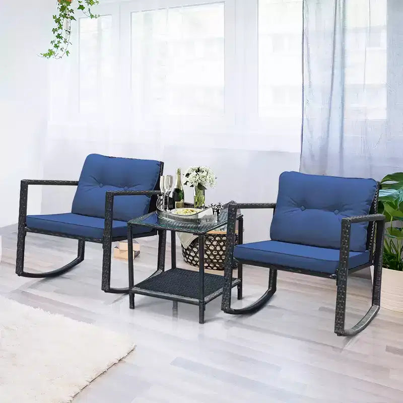 Set di mobili da giardino Costway 3 pezzi in rattan, poltrone a dondolo con cuscini