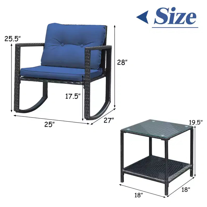 Set di mobili da giardino Costway 3 pezzi in rattan, poltrone a dondolo con cuscini