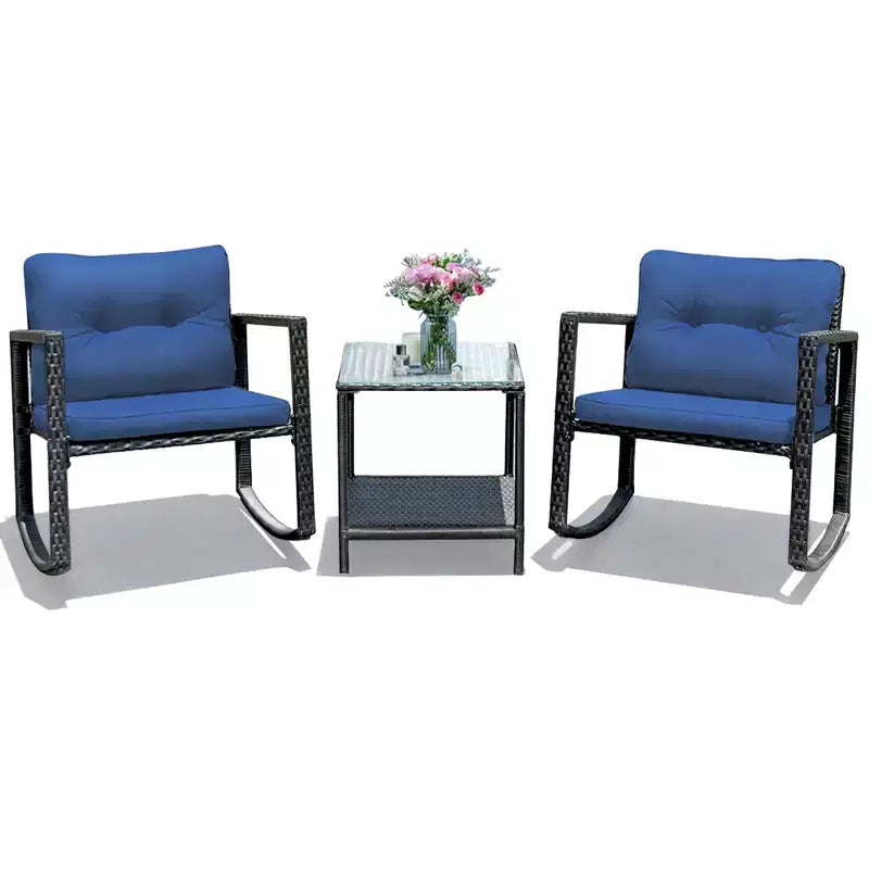 Set di mobili da giardino Costway 3 pezzi in rattan, poltrone a dondolo con cuscini