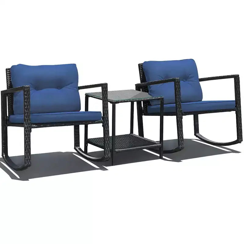 Set di mobili da giardino Costway 3 pezzi in rattan, poltrone a dondolo con cuscini