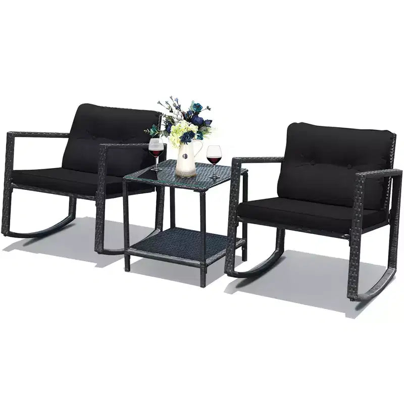 Set di mobili da giardino Costway 3 pezzi in rattan, poltrone a dondolo con cuscini