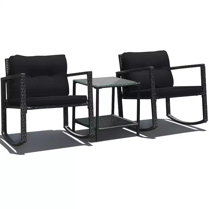 Set di mobili da giardino Costway 3 pezzi in rattan, poltrone a dondolo con cuscini
