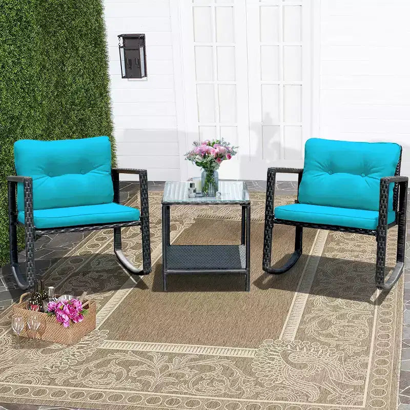 Set di mobili da giardino Costway 3 pezzi in rattan, poltrone a dondolo con cuscini