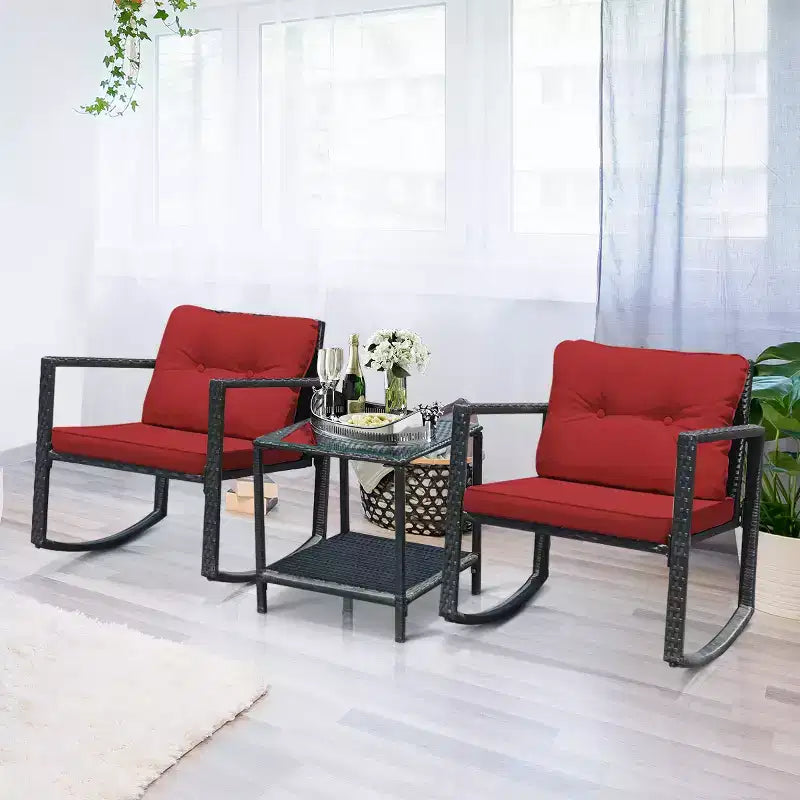 Set di mobili da giardino Costway 3 pezzi in rattan, poltrone a dondolo con cuscini