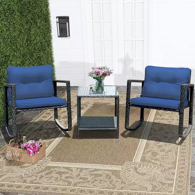 Set di mobili da giardino Costway 3 pezzi in rattan, poltrone a dondolo con cuscini