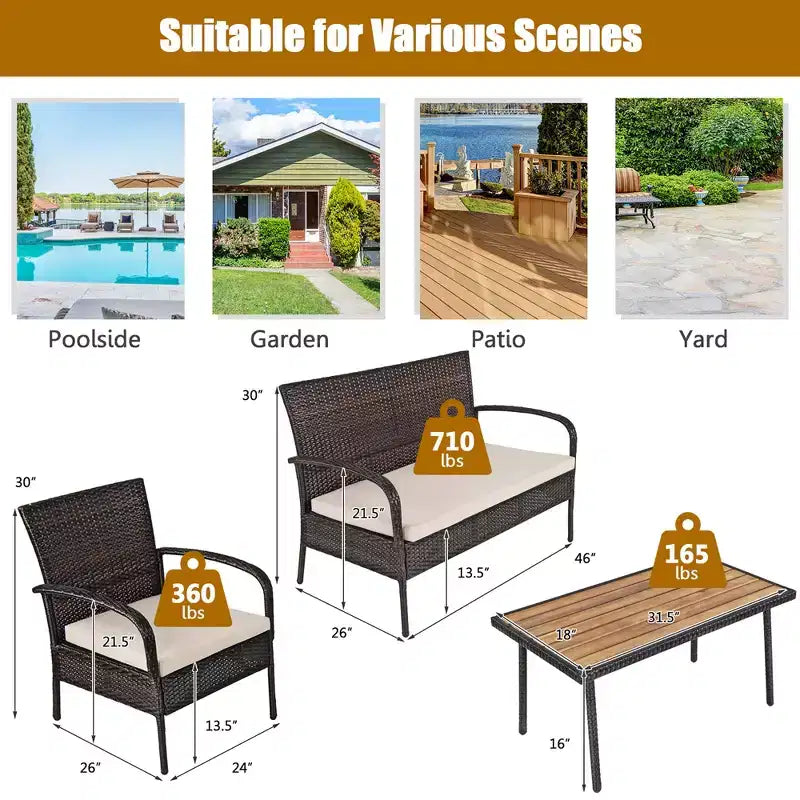 Set di mobili da giardino in rattan Costway da 4 pezzi Set da conversazione per esterni Tavolino da caffè con cuscini
