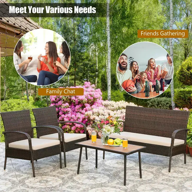 Set di mobili da giardino in rattan Costway da 4 pezzi Set da conversazione per esterni Tavolino da caffè con cuscini