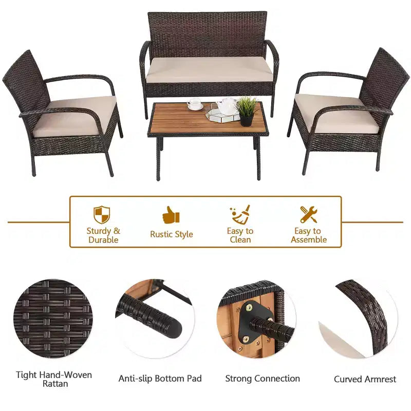Set di mobili da giardino in rattan Costway da 4 pezzi Set da conversazione per esterni Tavolino da caffè con cuscini