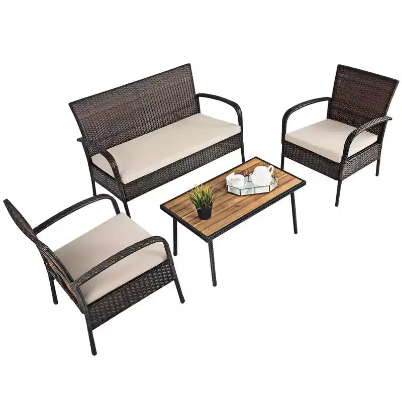 Set di mobili da giardino in rattan Costway da 4 pezzi Set da conversazione per esterni Tavolino da caffè con cuscini