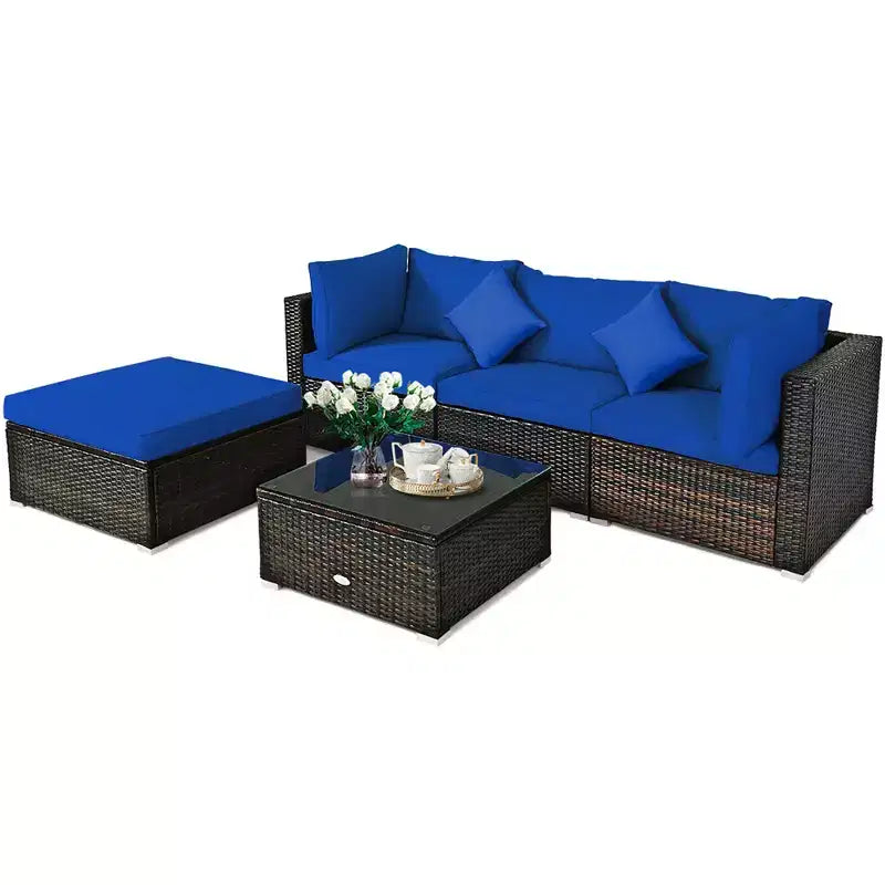 Set Mobili da Giardino in Rattan da Esterno Costway 5 Pezzi con Cuscini Turchesi/Blu Scuro/Neri