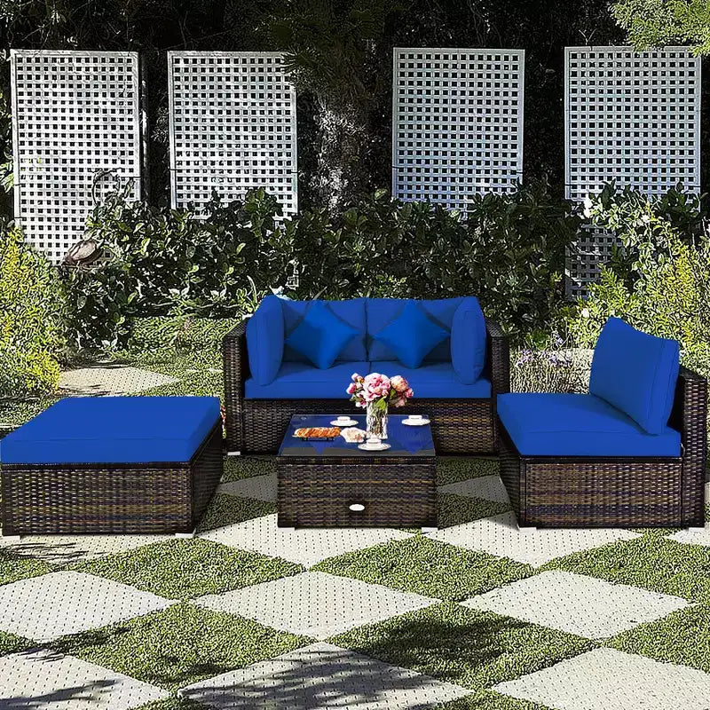 Set Mobili da Giardino in Rattan da Esterno Costway 5 Pezzi con Cuscini Turchesi/Blu Scuro/Neri