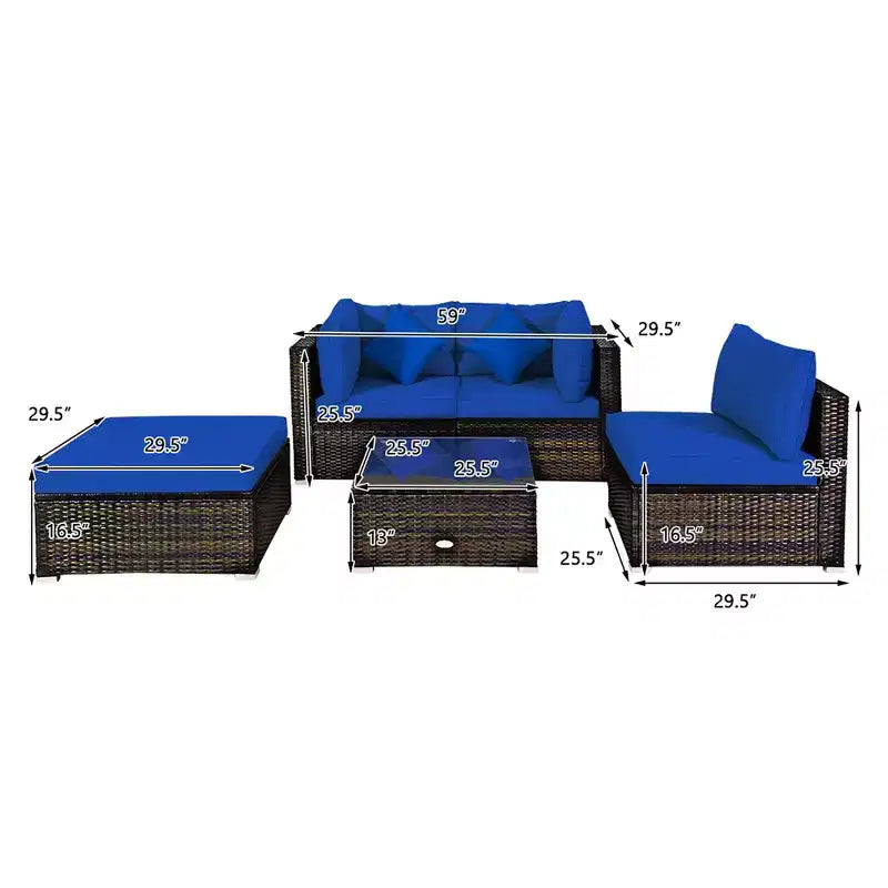 Set Mobili da Giardino in Rattan da Esterno Costway 5 Pezzi con Cuscini Turchesi/Blu Scuro/Neri