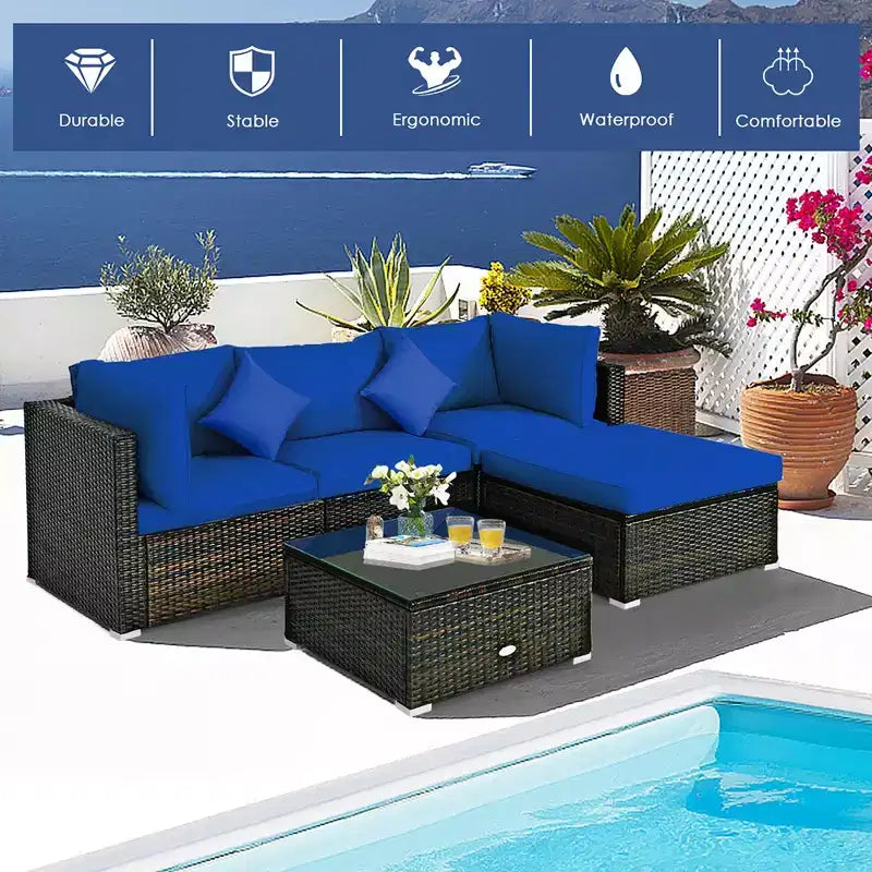 Set Mobili da Giardino in Rattan da Esterno Costway 5 Pezzi con Cuscini Turchesi/Blu Scuro/Neri