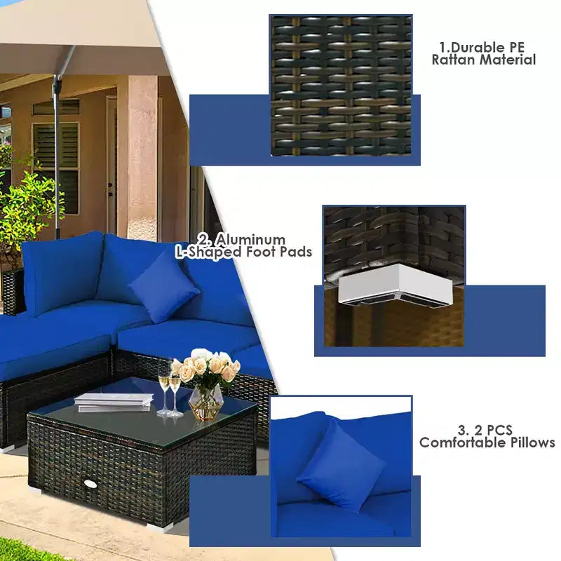 Set Mobili da Giardino in Rattan da Esterno Costway 5 Pezzi con Cuscini Turchesi/Blu Scuro/Neri