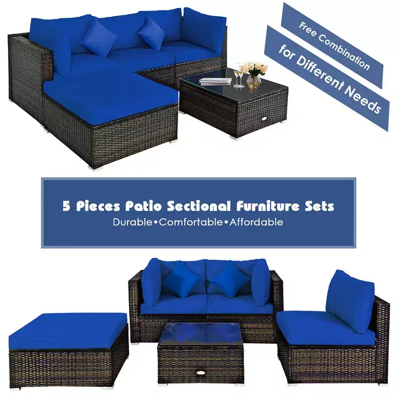 Set Mobili da Giardino in Rattan da Esterno Costway 5 Pezzi con Cuscini Turchesi/Blu Scuro/Neri