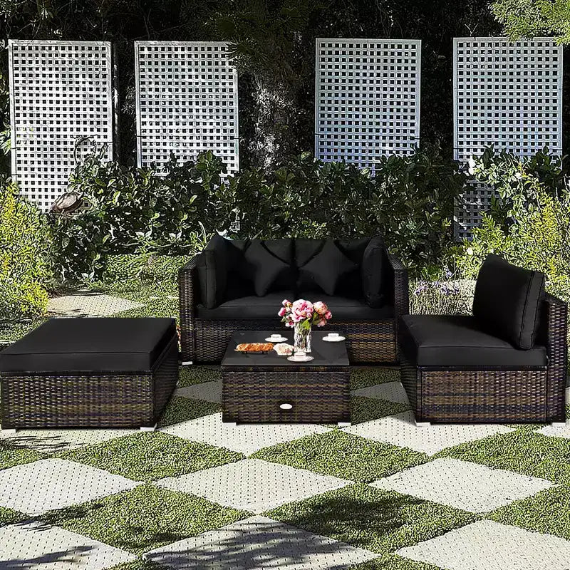 Set Mobili da Giardino in Rattan da Esterno Costway 5 Pezzi con Cuscini Turchesi/Blu Scuro/Neri