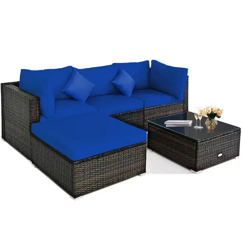 Set Mobili da Giardino in Rattan da Esterno Costway 5 Pezzi con Cuscini Turchesi/Blu Scuro/Neri