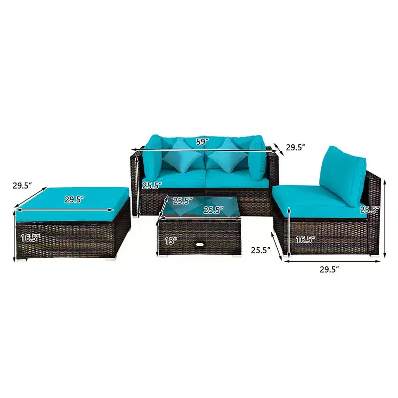 Set Mobili da Giardino in Rattan da Esterno Costway 5 Pezzi con Cuscini Turchesi/Blu Scuro/Neri