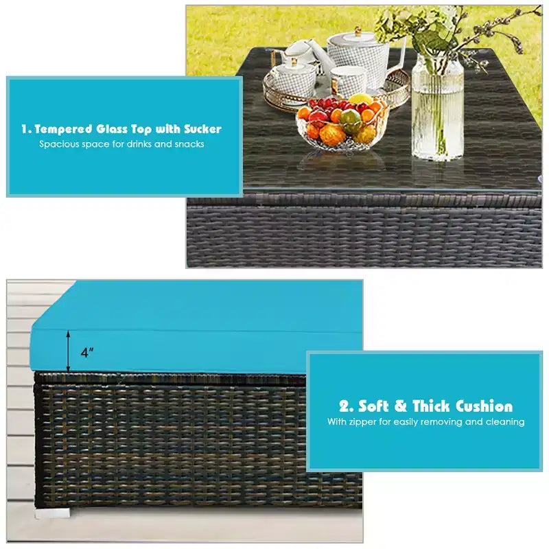 Set Mobili da Giardino in Rattan da Esterno Costway 5 Pezzi con Cuscini Turchesi/Blu Scuro/Neri