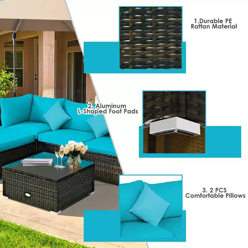 Set Mobili da Giardino in Rattan da Esterno Costway 5 Pezzi con Cuscini Turchesi/Blu Scuro/Neri
