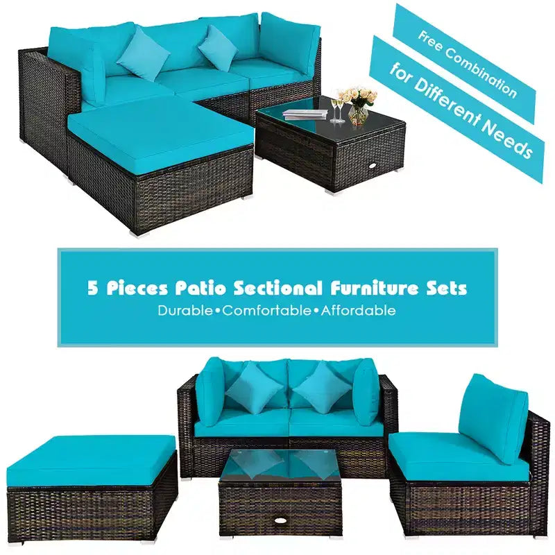 Set Mobili da Giardino in Rattan da Esterno Costway 5 Pezzi con Cuscini Turchesi/Blu Scuro/Neri