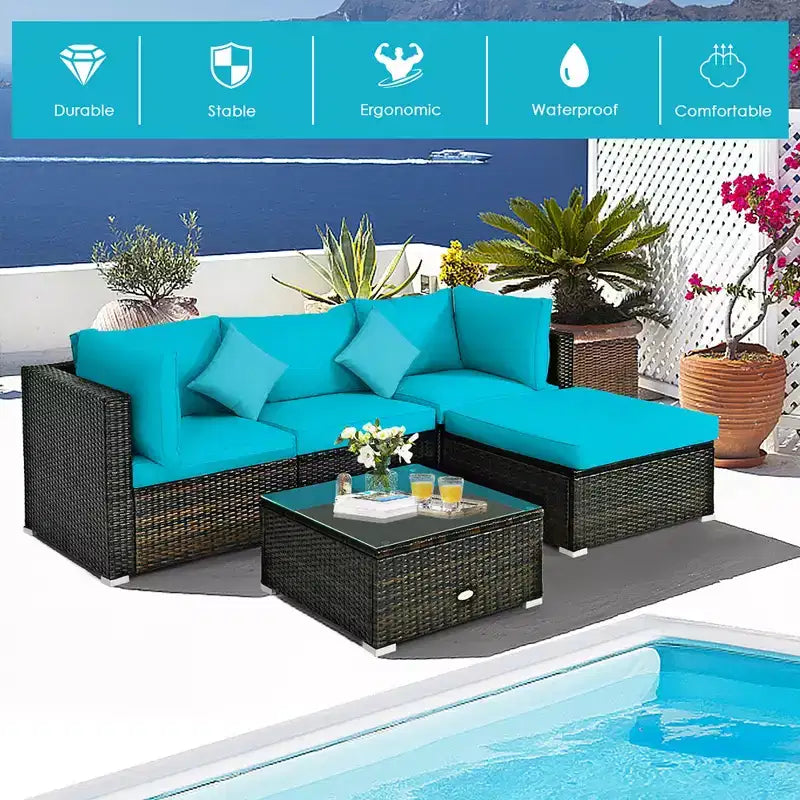 Set Mobili da Giardino in Rattan da Esterno Costway 5 Pezzi con Cuscini Turchesi/Blu Scuro/Neri