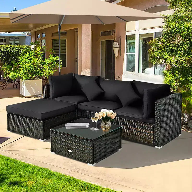 Set Mobili da Giardino in Rattan da Esterno Costway 5 Pezzi con Cuscini Turchesi/Blu Scuro/Neri