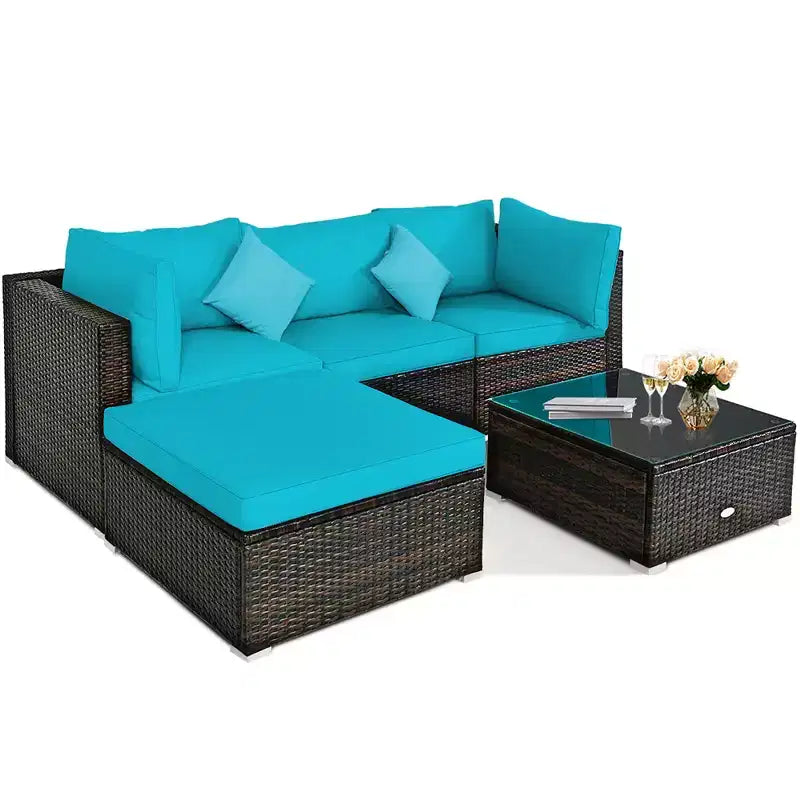 Set Mobili da Giardino in Rattan da Esterno Costway 5 Pezzi con Cuscini Turchesi/Blu Scuro/Neri