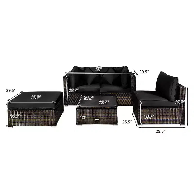 Set Mobili da Giardino in Rattan da Esterno Costway 5 Pezzi con Cuscini Turchesi/Blu Scuro/Neri