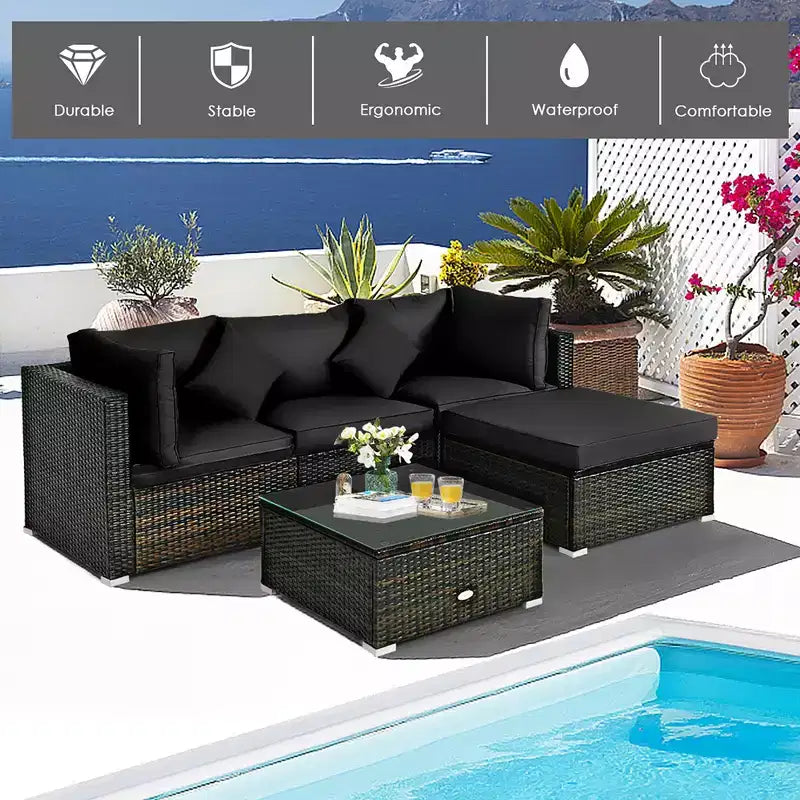 Set Mobili da Giardino in Rattan da Esterno Costway 5 Pezzi con Cuscini Turchesi/Blu Scuro/Neri