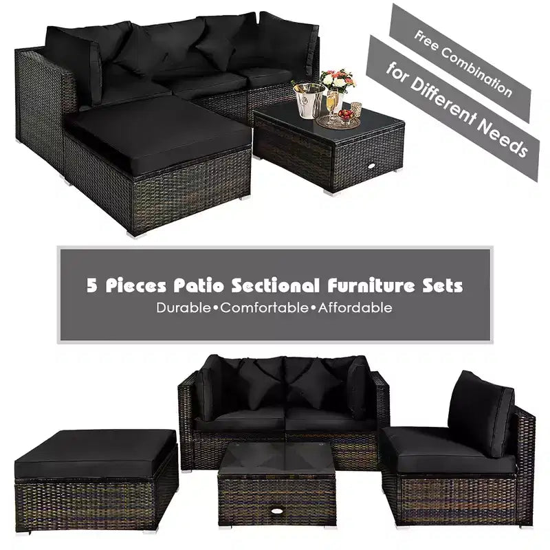Set Mobili da Giardino in Rattan da Esterno Costway 5 Pezzi con Cuscini Turchesi/Blu Scuro/Neri