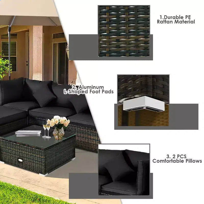 Set Mobili da Giardino in Rattan da Esterno Costway 5 Pezzi con Cuscini Turchesi/Blu Scuro/Neri