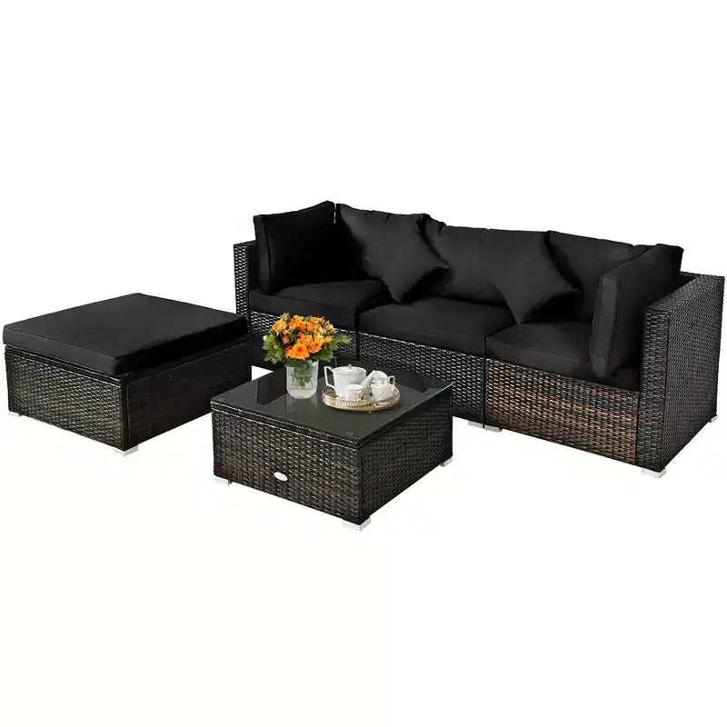 Set Mobili da Giardino in Rattan da Esterno Costway 5 Pezzi con Cuscini Turchesi/Blu Scuro/Neri