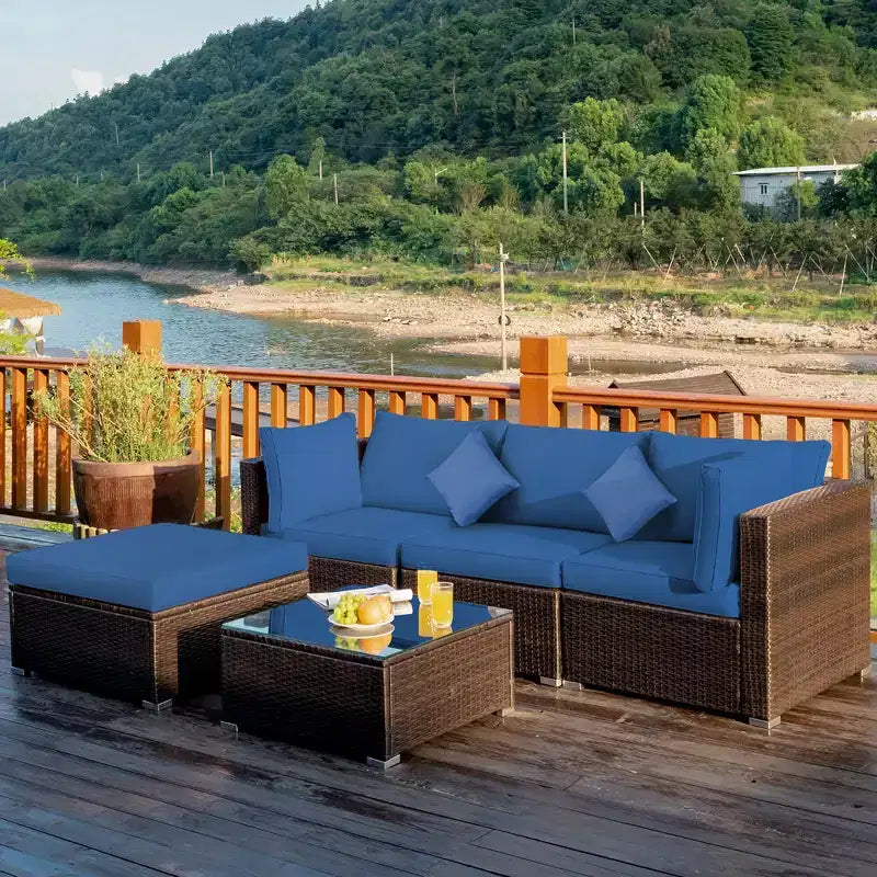 Set Mobili da Giardino in Rattan da Esterno Costway 5 Pezzi con Cuscini Turchesi/Blu Scuro/Neri