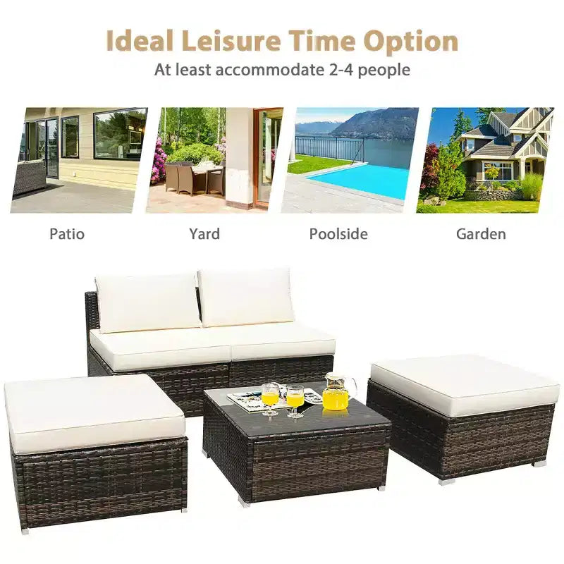 Costway Set Mobili da Giardino in Rattan Intrecciato 5 Pezzi, Divano Senza Braccioli, Pouf, Cuscini