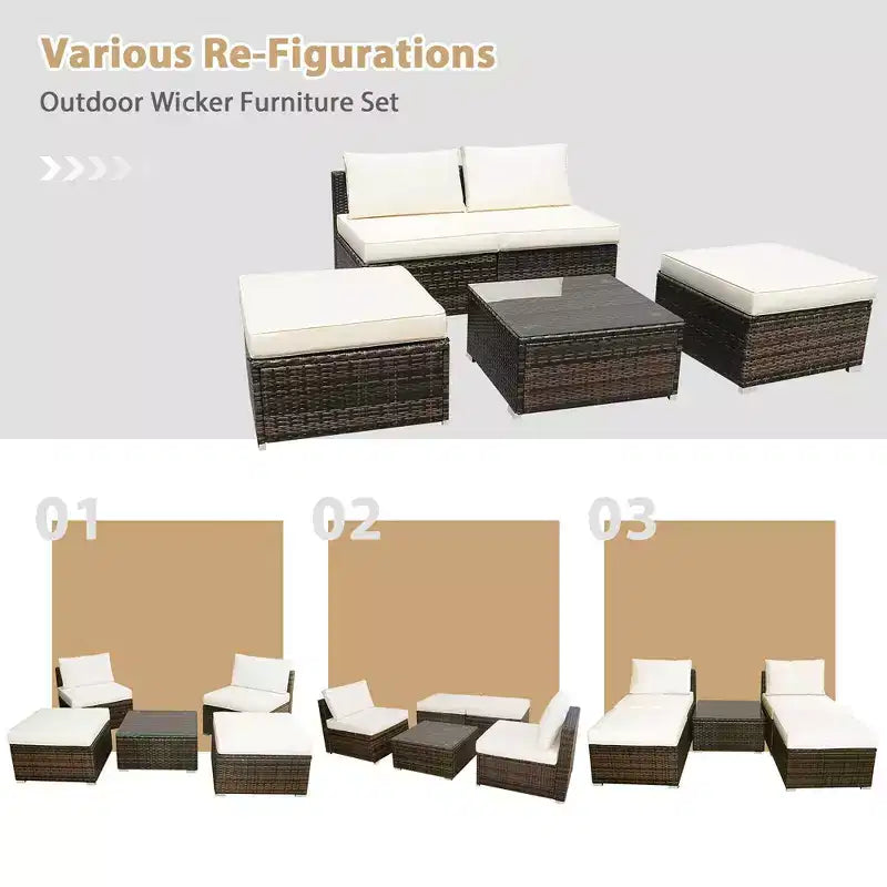 Costway Set Mobili da Giardino in Rattan Intrecciato 5 Pezzi, Divano Senza Braccioli, Pouf, Cuscini