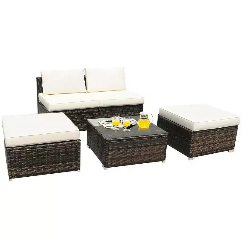 Costway Set Mobili da Giardino in Rattan Intrecciato 5 Pezzi, Divano Senza Braccioli, Pouf, Cuscini