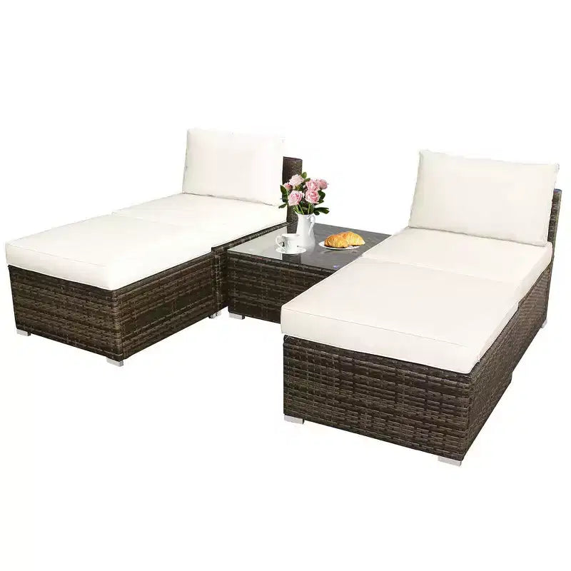 Costway Set Mobili da Giardino in Rattan Intrecciato 5 Pezzi, Divano Senza Braccioli, Pouf, Cuscini