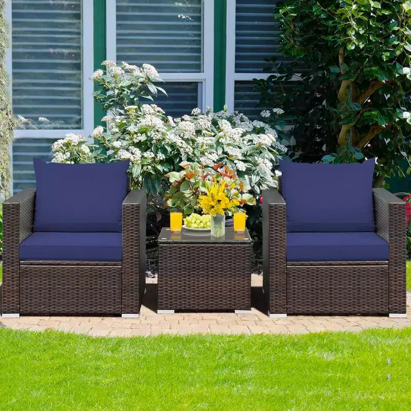 Set Divano da Esterno Costway 3 Pezzi in Rattan, con Cuscini Turchese\Rosso