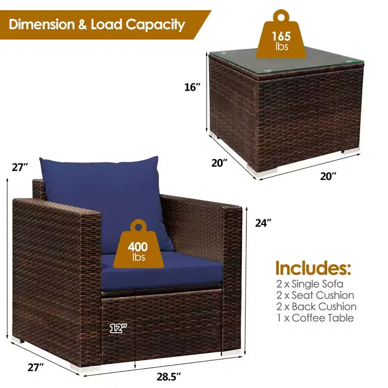 Set Divano da Esterno Costway 3 Pezzi in Rattan, con Cuscini Turchese\Rosso