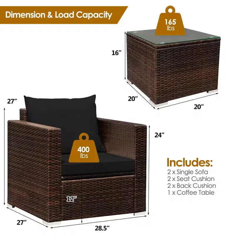 Set Divano da Esterno Costway 3 Pezzi in Rattan, con Cuscini Turchese\Rosso