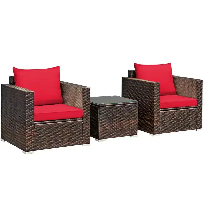 Set Divano da Esterno Costway 3 Pezzi in Rattan, con Cuscini Turchese\Rosso