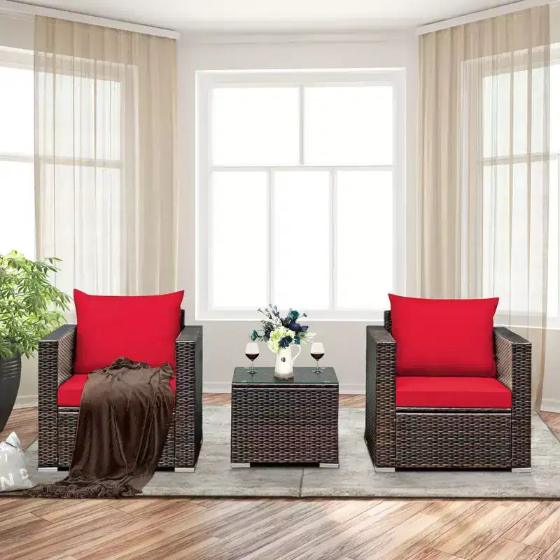 Set Divano da Esterno Costway 3 Pezzi in Rattan, con Cuscini Turchese\Rosso