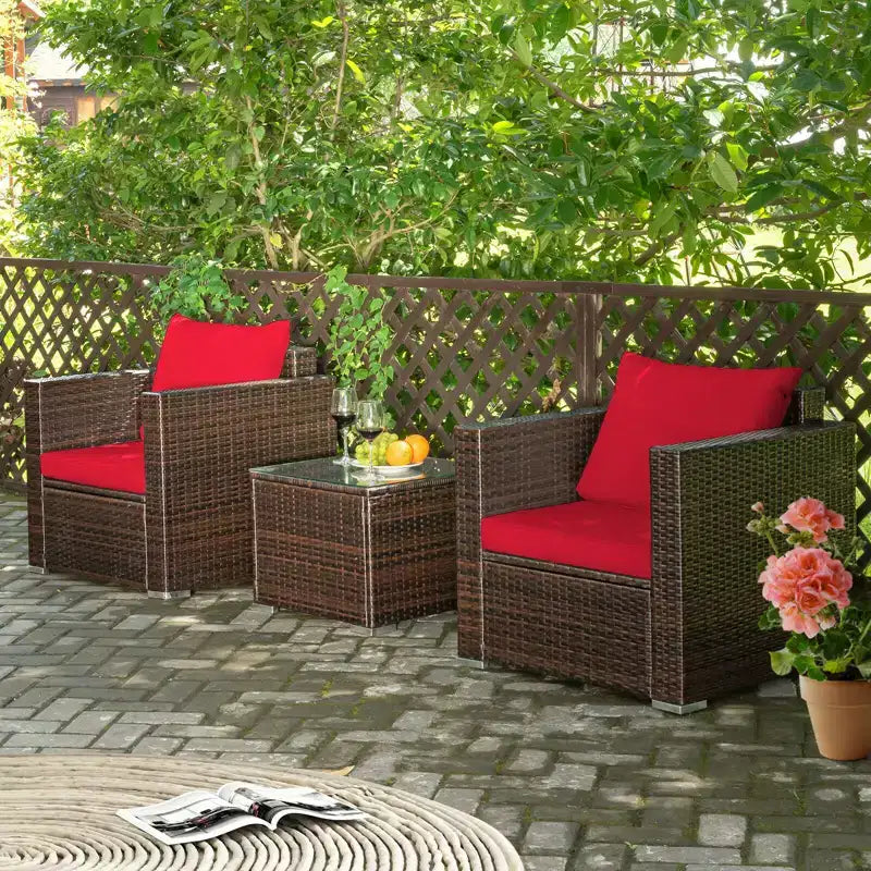 Set Divano da Esterno Costway 3 Pezzi in Rattan, con Cuscini Turchese\Rosso