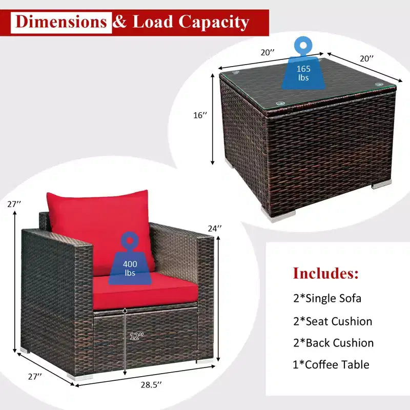 Set Divano da Esterno Costway 3 Pezzi in Rattan, con Cuscini Turchese\Rosso