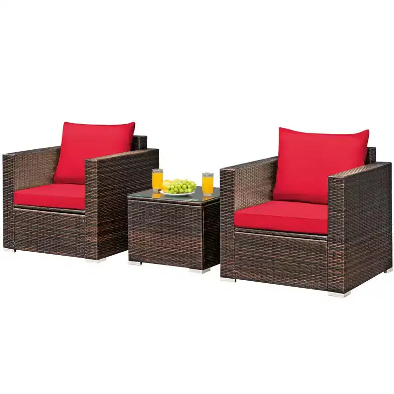 Set Divano da Esterno Costway 3 Pezzi in Rattan, con Cuscini Turchese\Rosso
